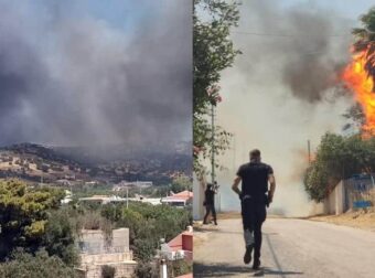 Μήνυμα 112: Μεγάλη φωτιά στη Βάρης – Κορωπίου: Εκκενώνονται περιοχές – Μπήκε στο κτήμα «Νεφέλες» – Ζημιές σε σπίτια