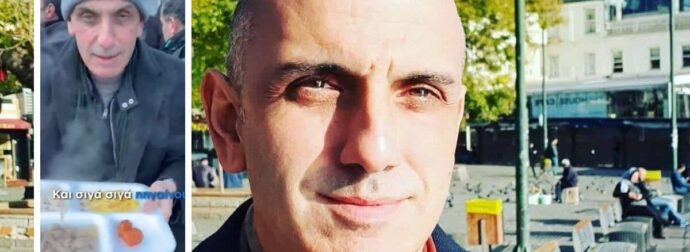 Ο Μανώλης Κωστίδης στην ουρά για το συσσίτιο των δημοσιογράφων που μοιράζουν οι Τούρκοι στα σύνορα